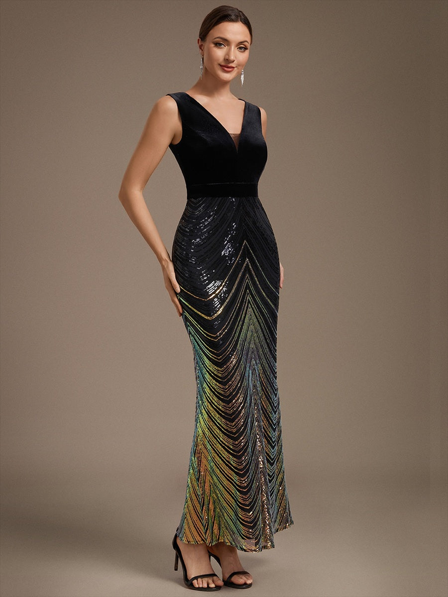 Sequins Sleeveless Mermaid Evening Dress #color_Black & Gold