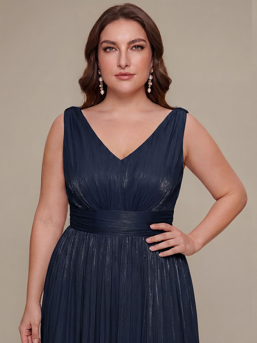 Plus Size Gathered Sea-island filament fabircs Evening Dress #color_Navy Blue