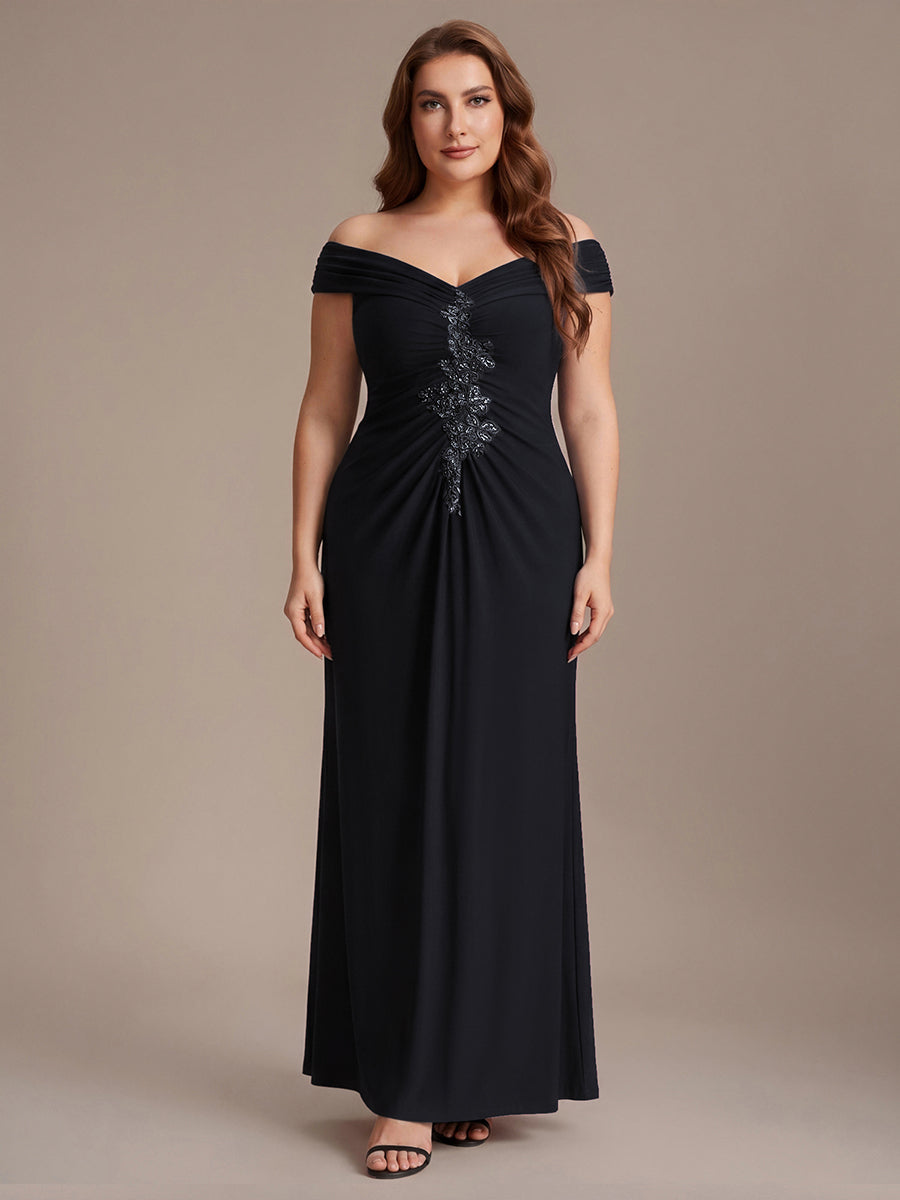 Plus Size Knit Off-the-shoulder Sleeve Evening Dress #color_Black