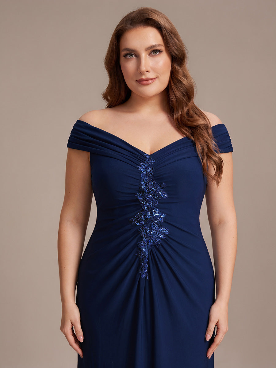 Knit Off-the-shoulder Sleeve Bodycon Evening Dress #color_Navy Blue