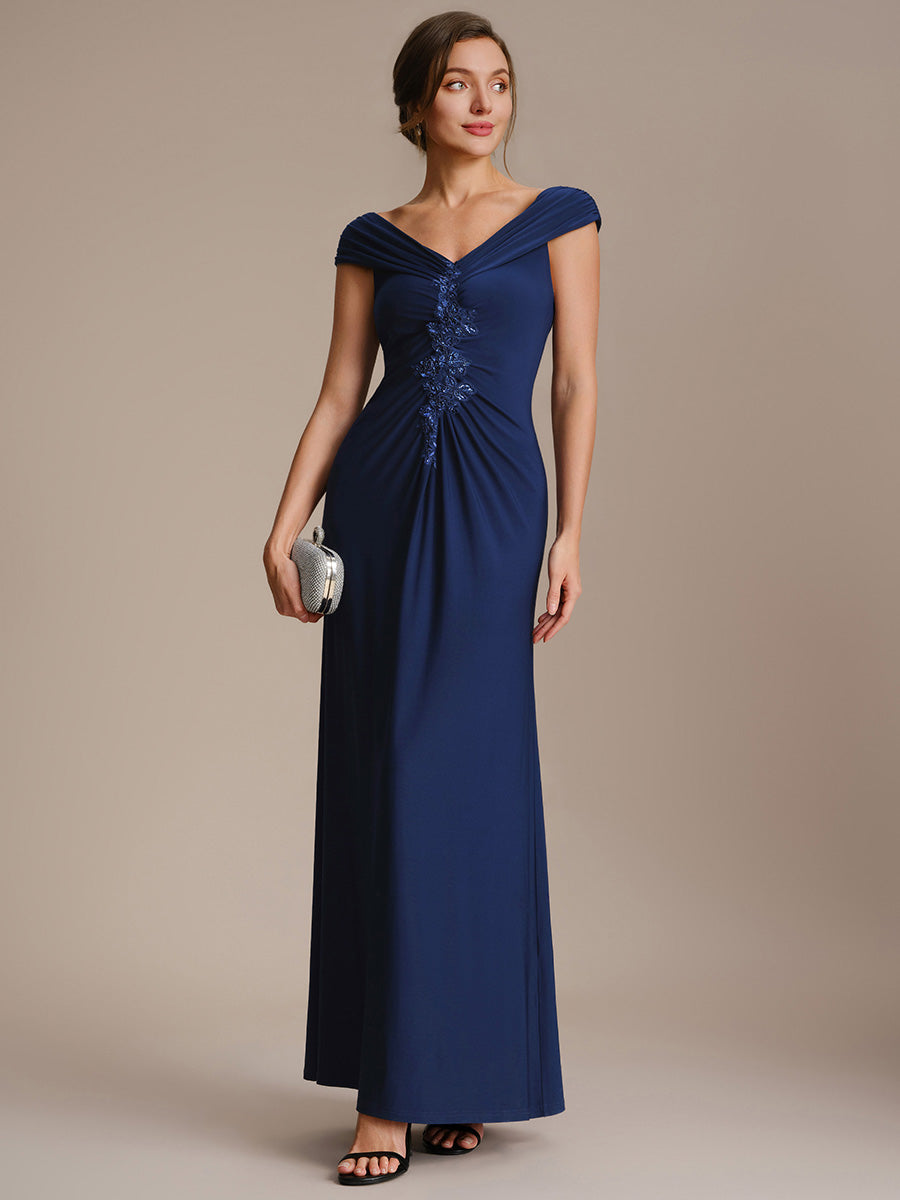 Knit Off-the-shoulder Sleeve Bodycon Evening Dress #color_Navy Blue