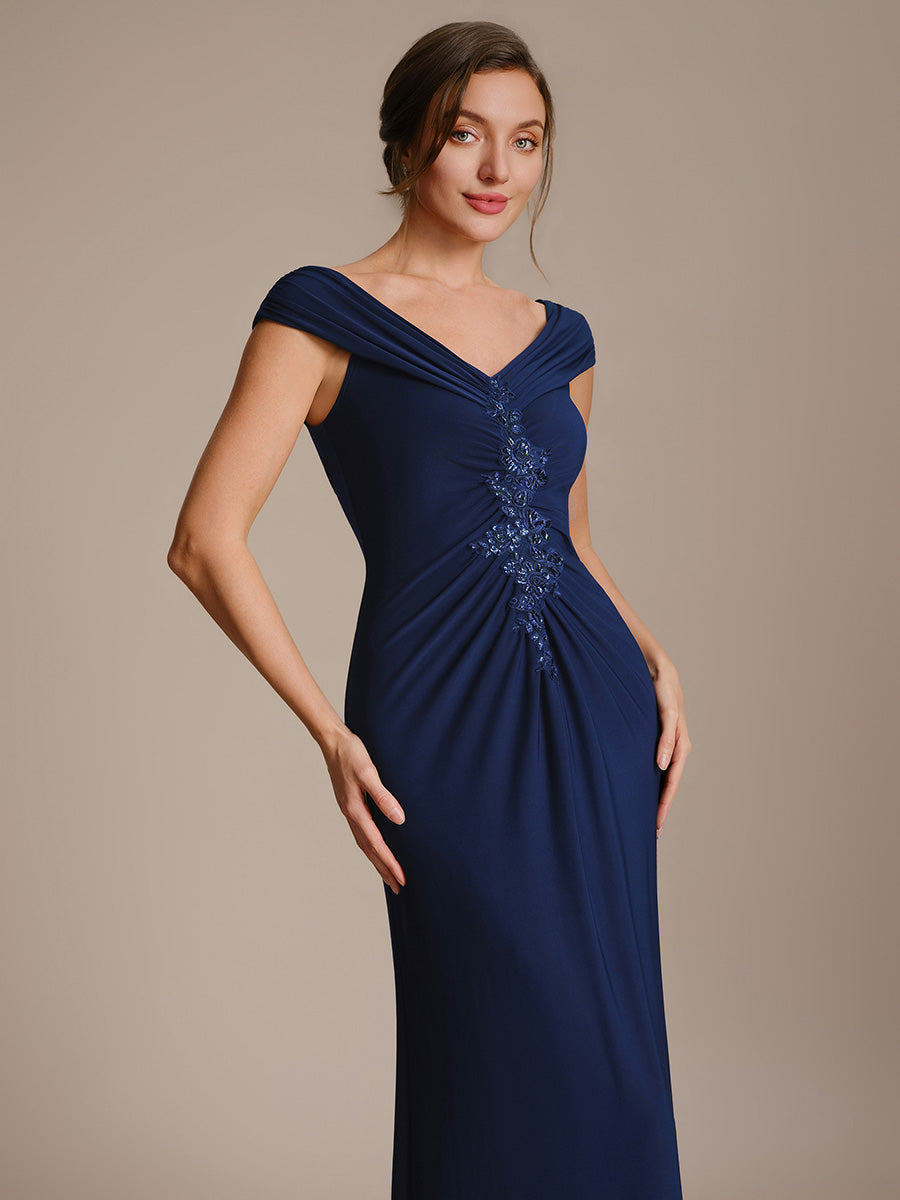 Knit Off-the-shoulder Sleeve Bodycon Evening Dress #color_Navy Blue