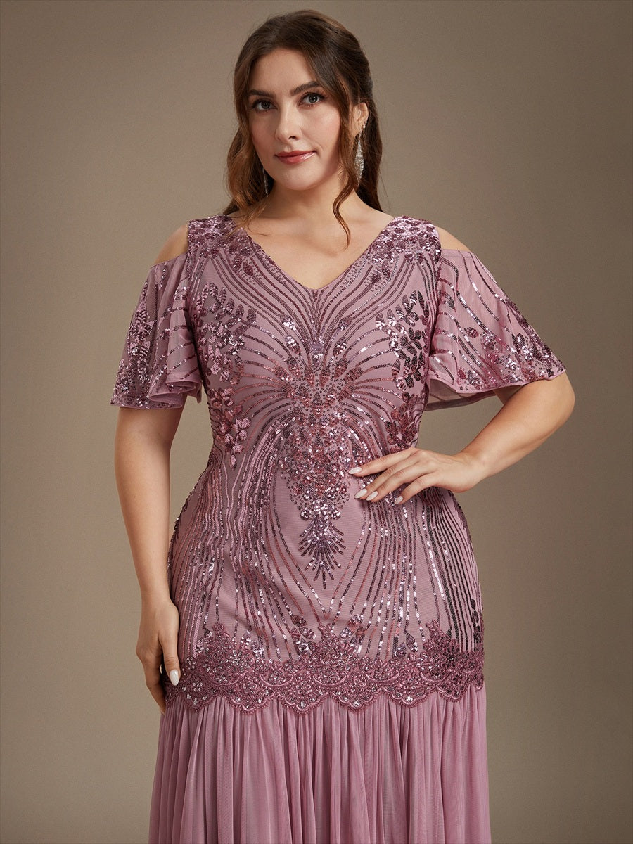 Plus Size Sequin Cutout Ruffle Sleeve Evening Dress #color_Purple Orchid