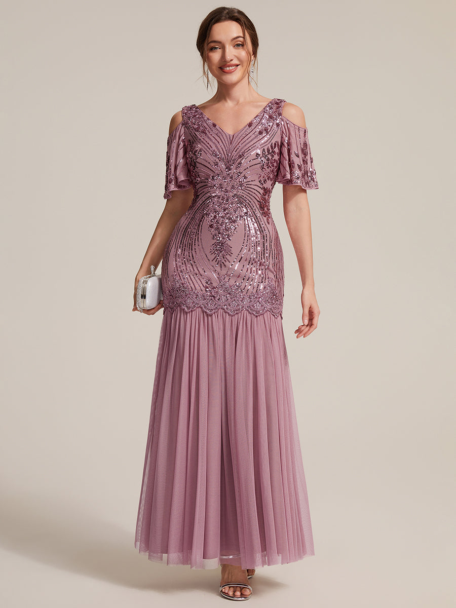 Sequin CutOut Ruffle Sleeve Sheath Evening Dress #color_Purple Orchid