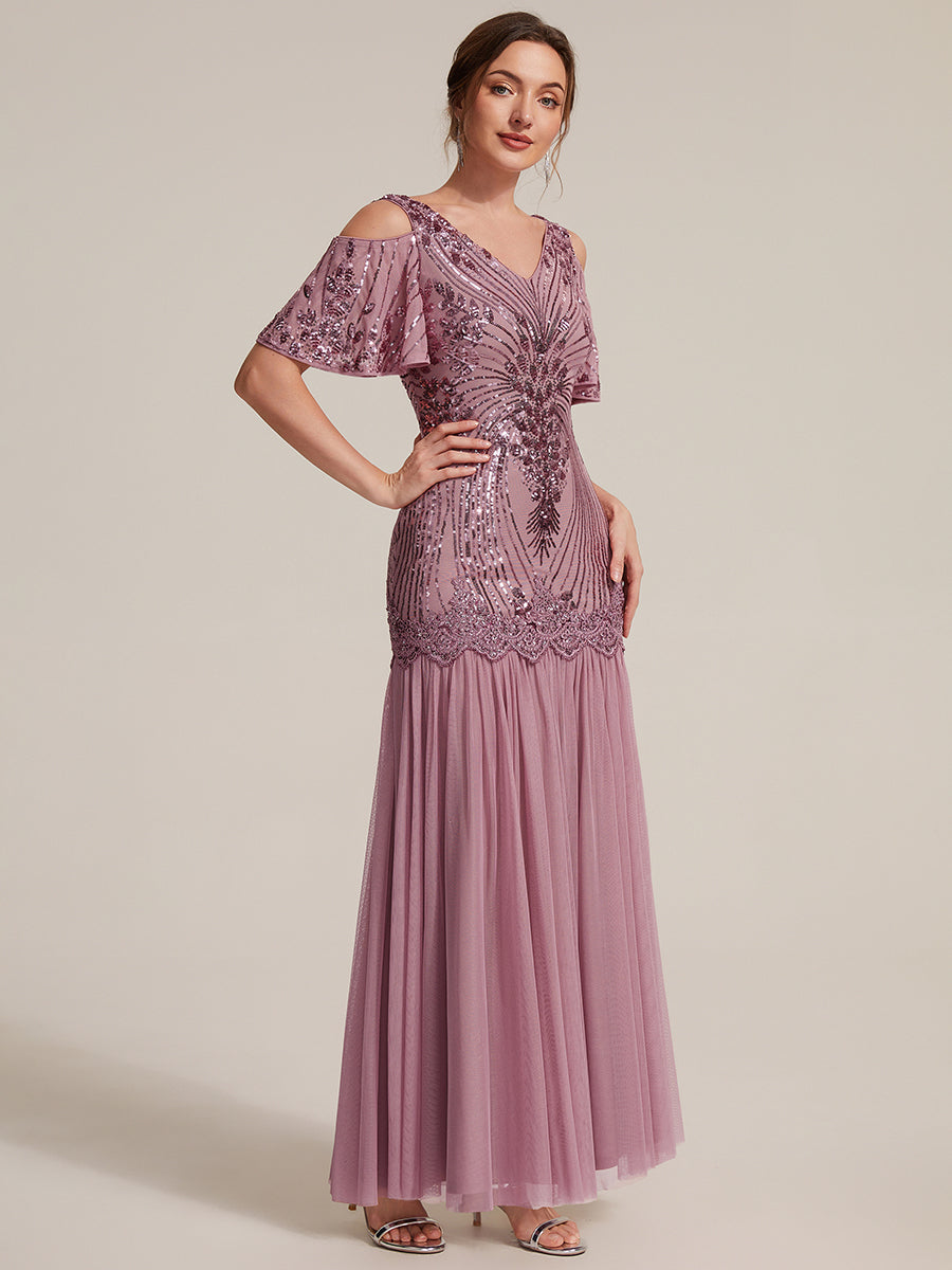 Sequin CutOut Ruffle Sleeve Sheath Evening Dress #color_Purple Orchid