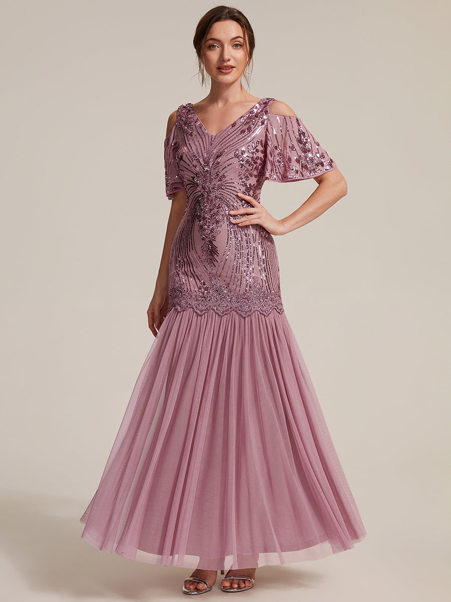 Sequin CutOut Ruffle Sleeve Sheath Evening Dress #color_Purple Orchid