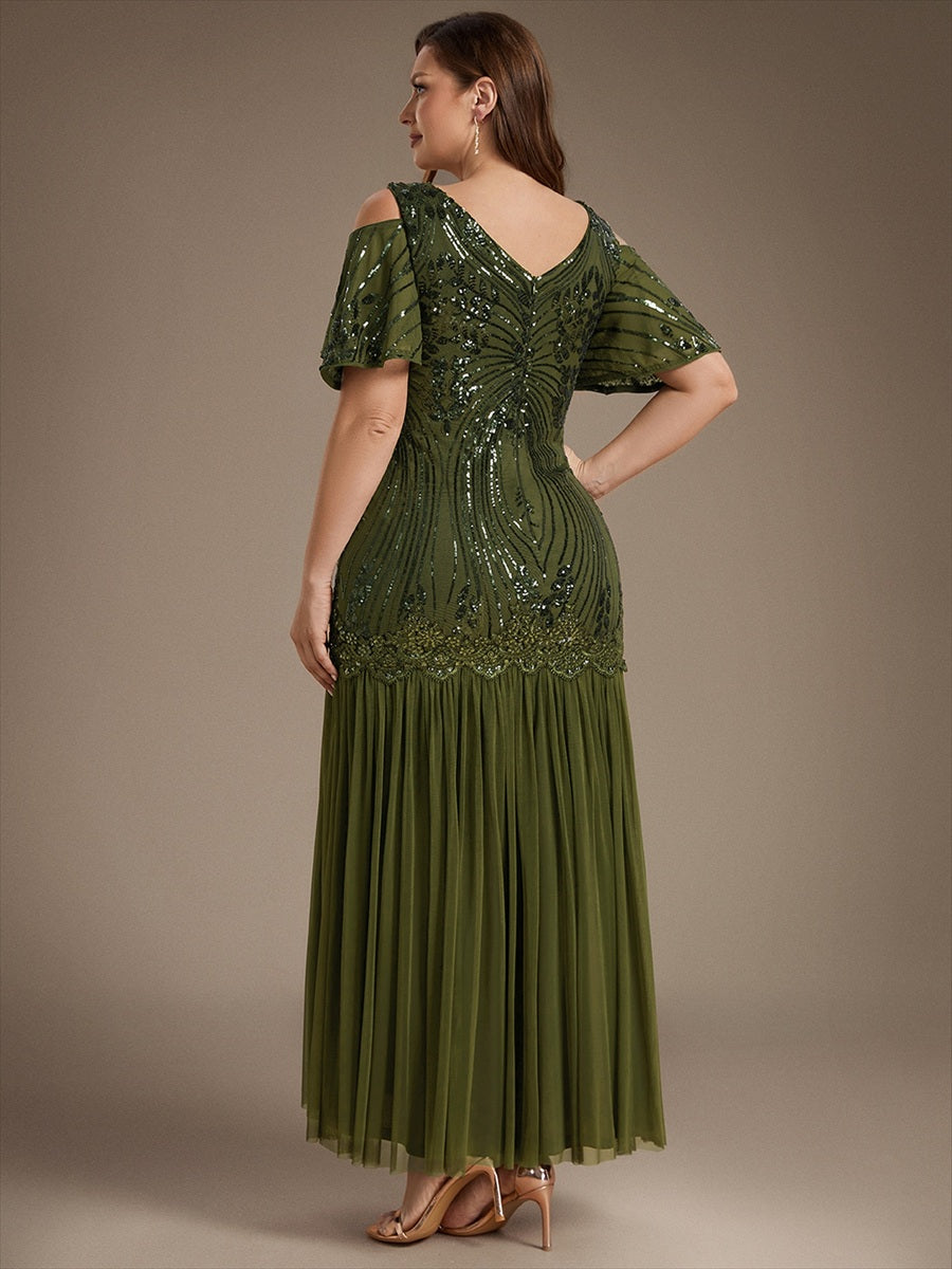 Sequin CutOut Ruffle Sleeve Sheath Evening Dress #color_Olive Green