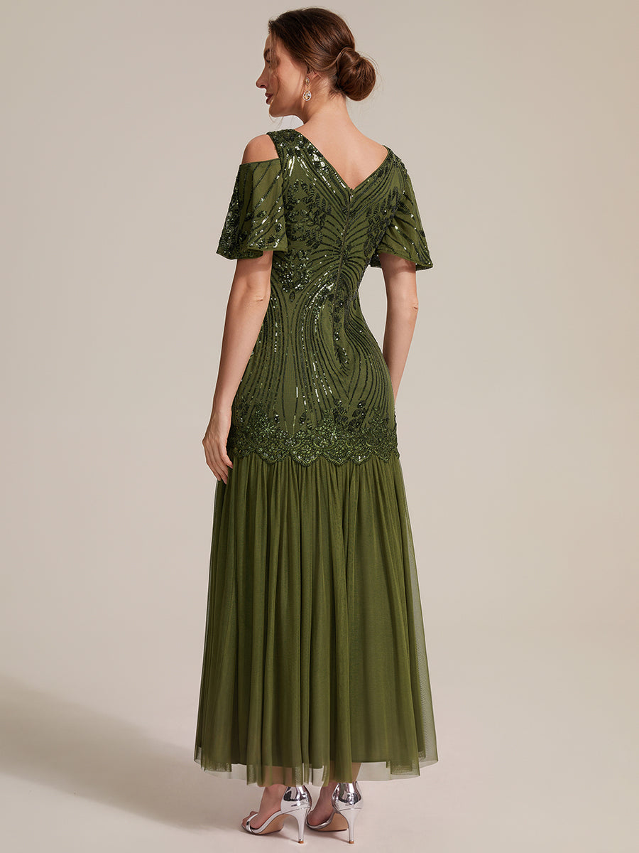 Sequin CutOut Ruffle Sleeve Sheath Evening Dress #color_Olive Green