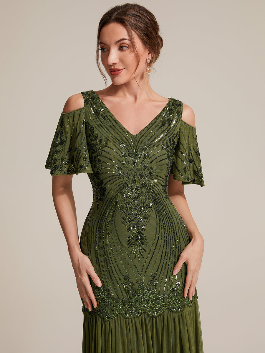 Sequin CutOut Ruffle Sleeve Sheath Evening Dress #color_Olive Green