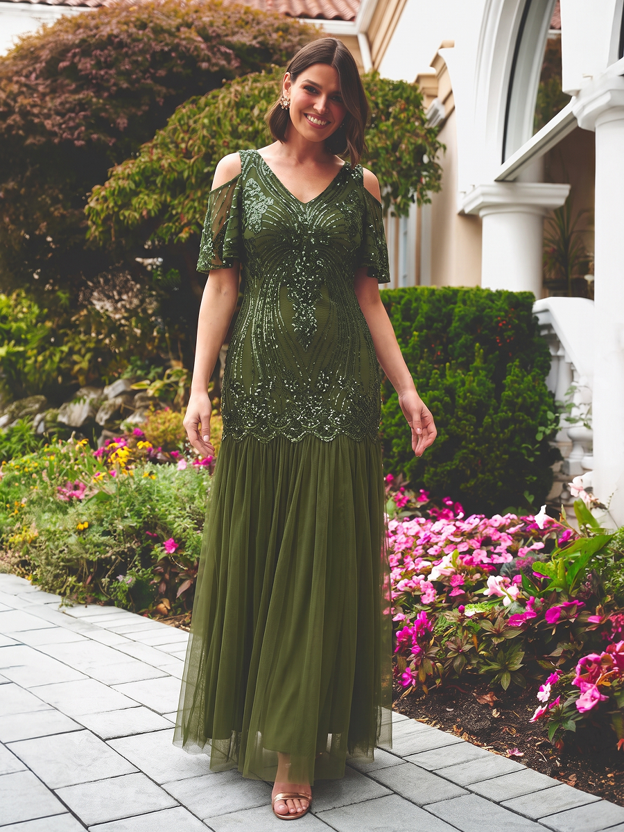 Sequin CutOut Ruffle Sleeve Sheath Evening Dress #color_Olive Green