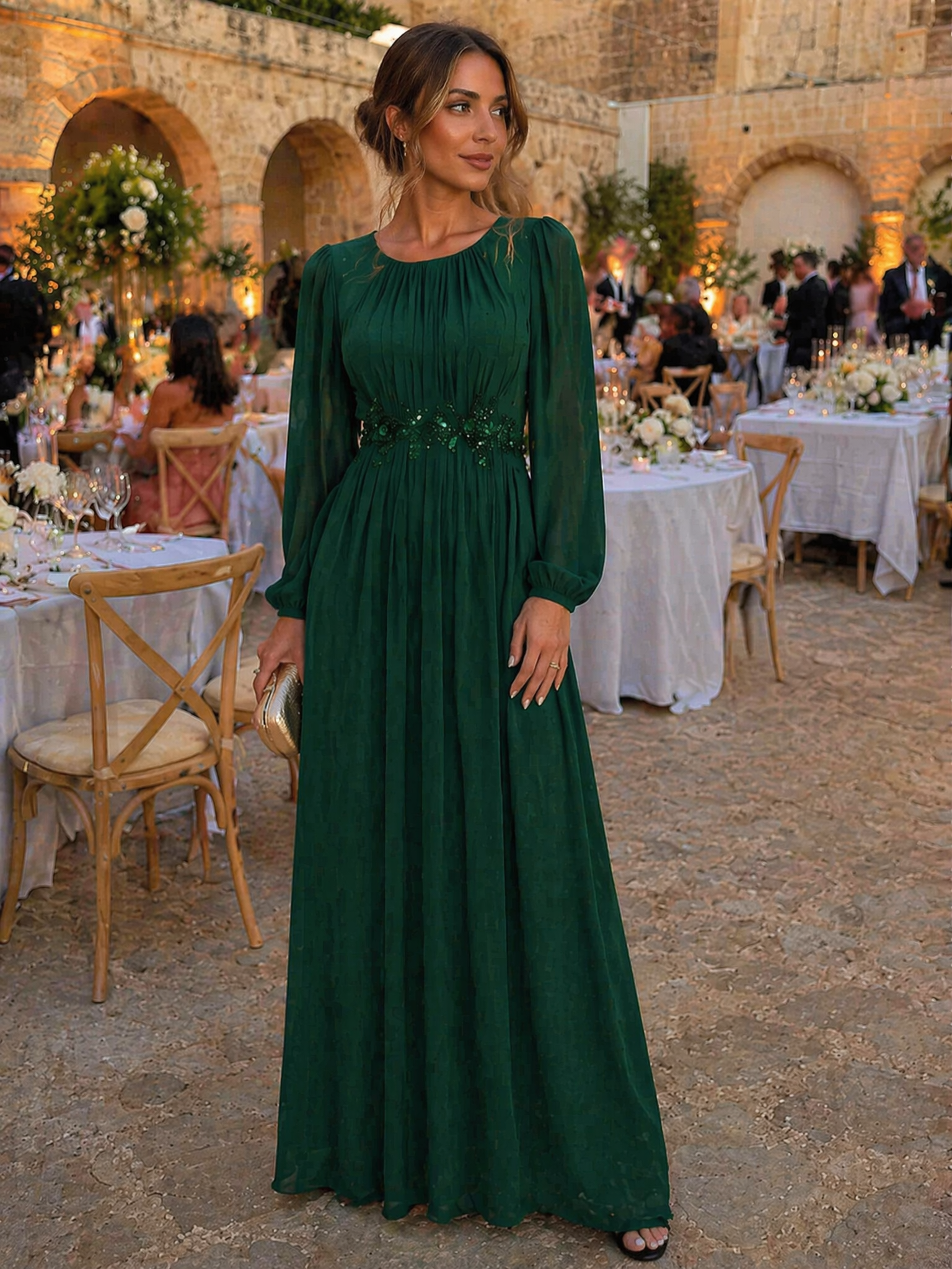 Chiffon Puff Sleeve A-Line Evening Dress #color_Dark Green