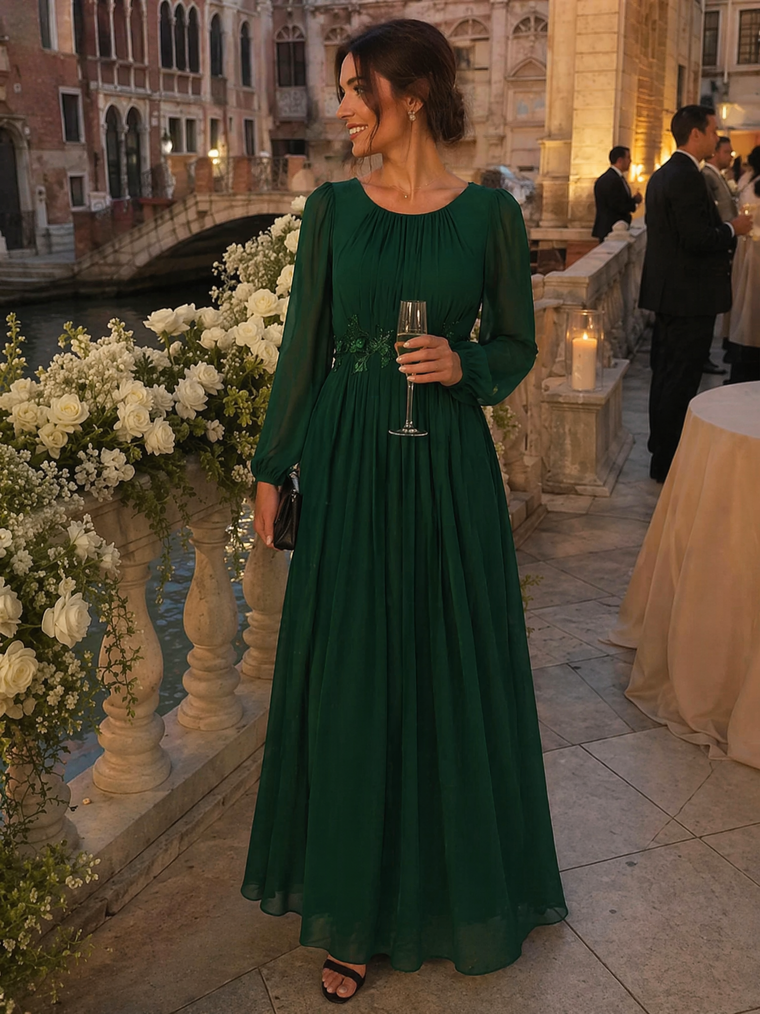 Chiffon Puff Sleeve A-Line Evening Dress #color_Dark Green
