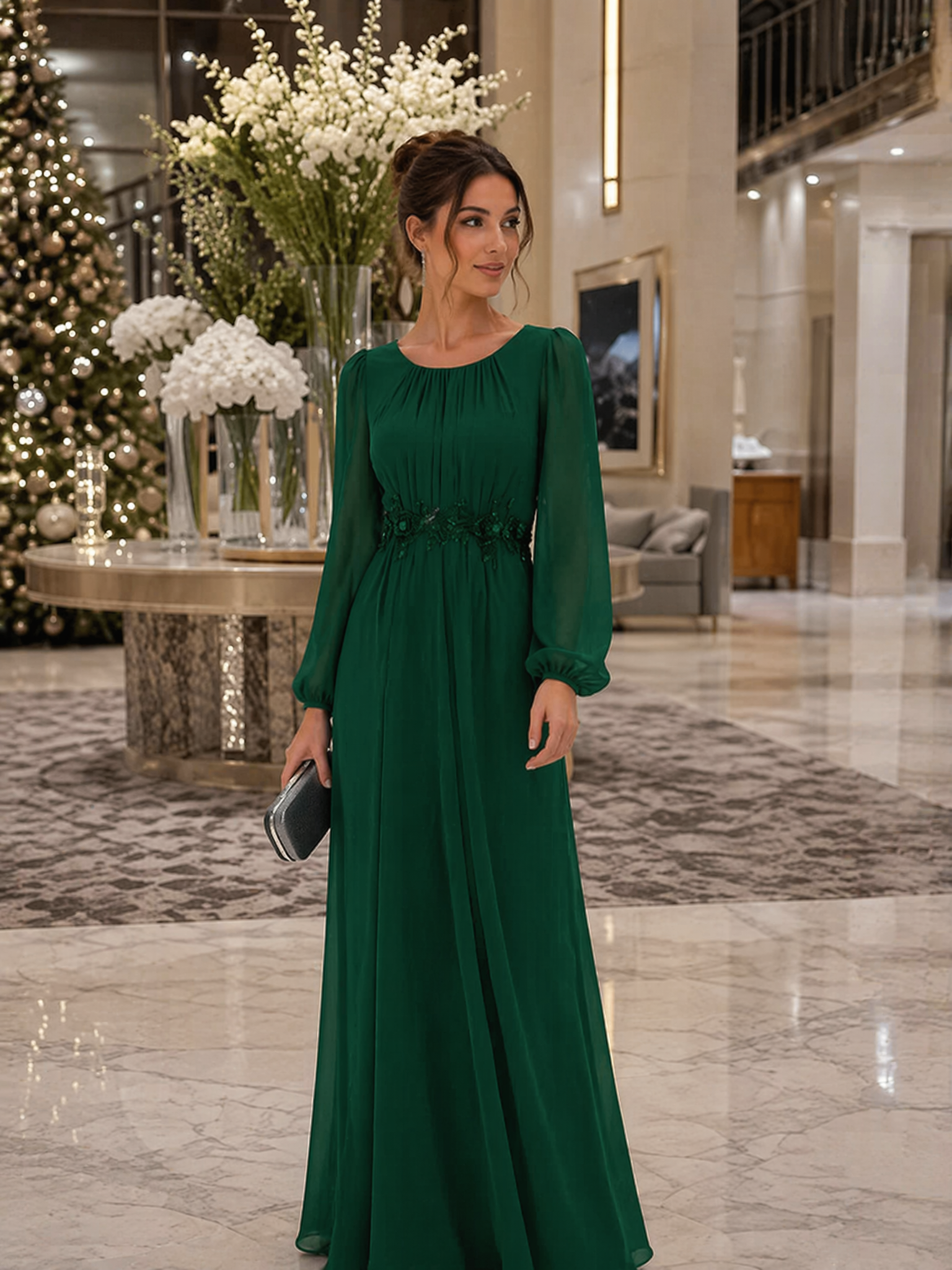 Chiffon Puff Sleeve A-Line Evening Dress #color_Dark Green