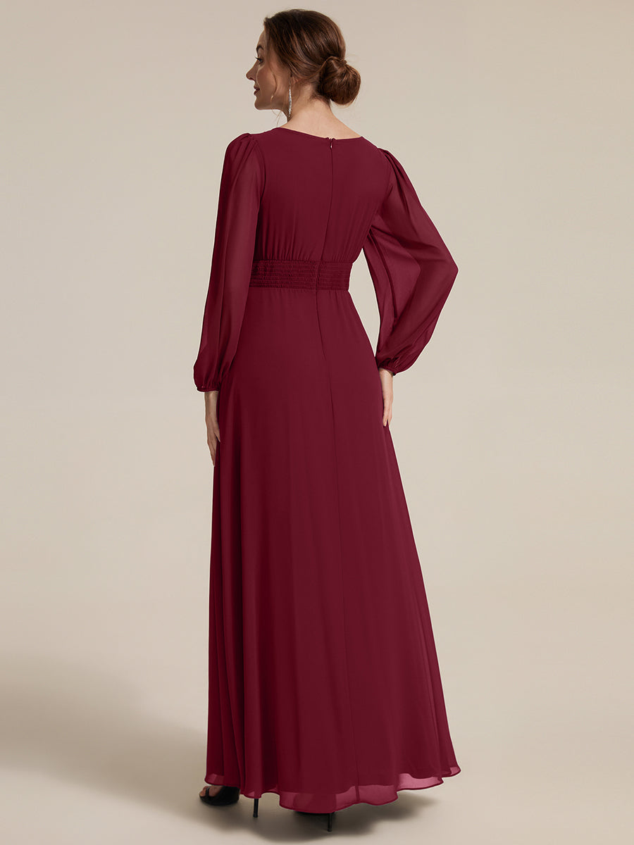 Chiffon Puff Sleeve A-Line Evening Dress #color_Burgundy