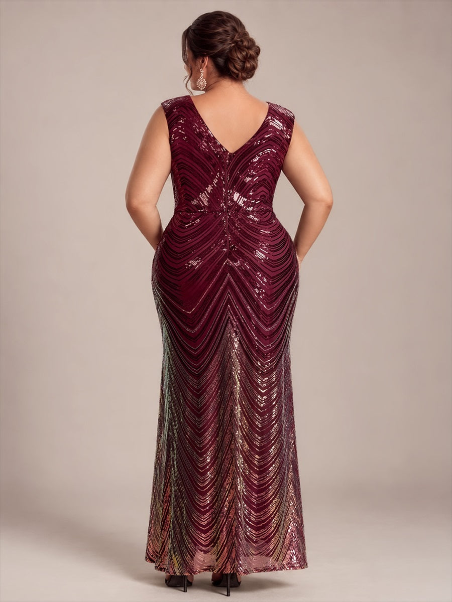 Plus Size Sequin Mermaid Cap Sleeve Evening Dress #color_Burgundy