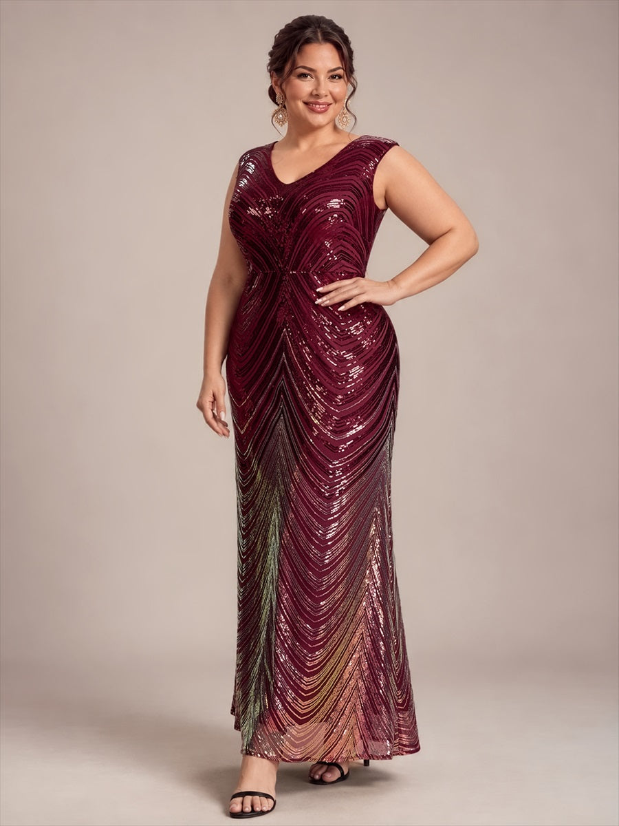Plus Size Sequin Mermaid Cap Sleeve Evening Dress #color_Burgundy