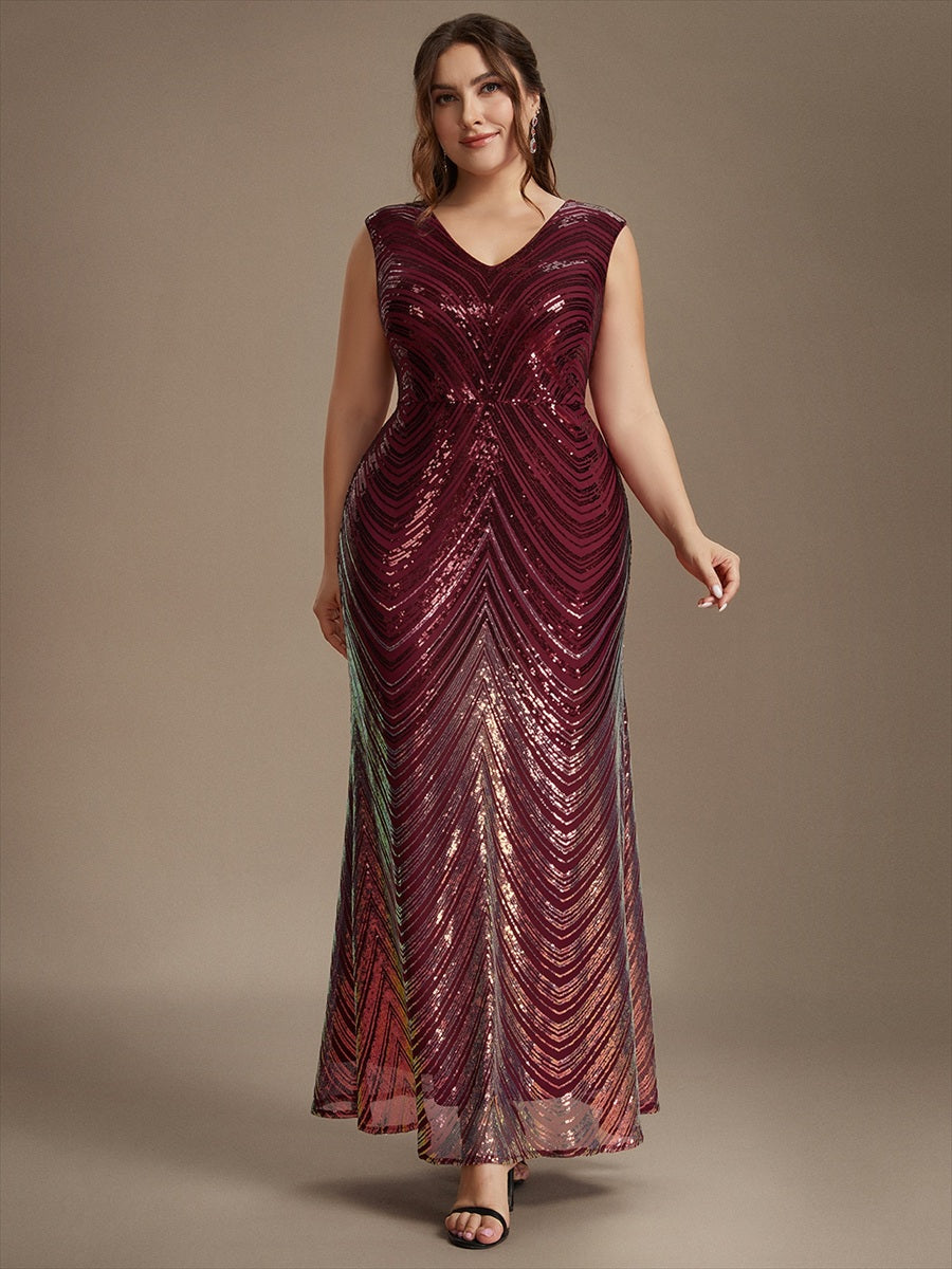 Sequin Mermaid Cap Sleeve Evening Dress #color_Burgundy