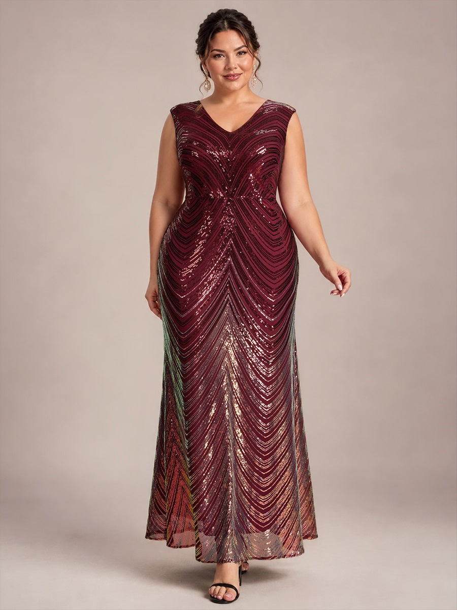 Plus Size Sequin Mermaid Cap Sleeve Evening Dress #color_Burgundy