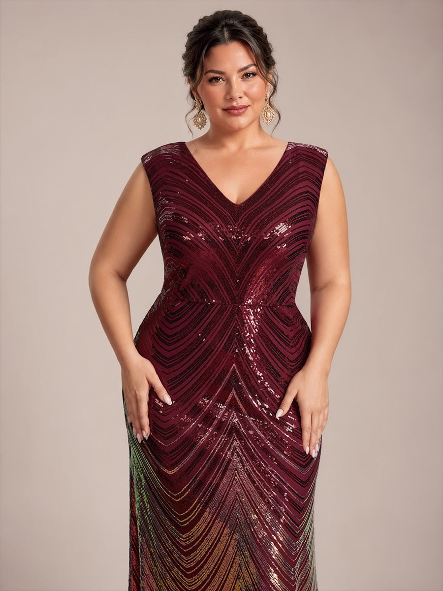 Sequin Mermaid Cap Sleeve Evening Dress #color_Burgundy