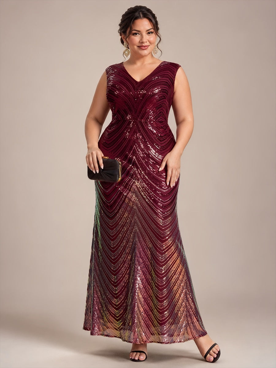 Plus Size Sequin Mermaid Cap Sleeve Evening Dress #color_Burgundy
