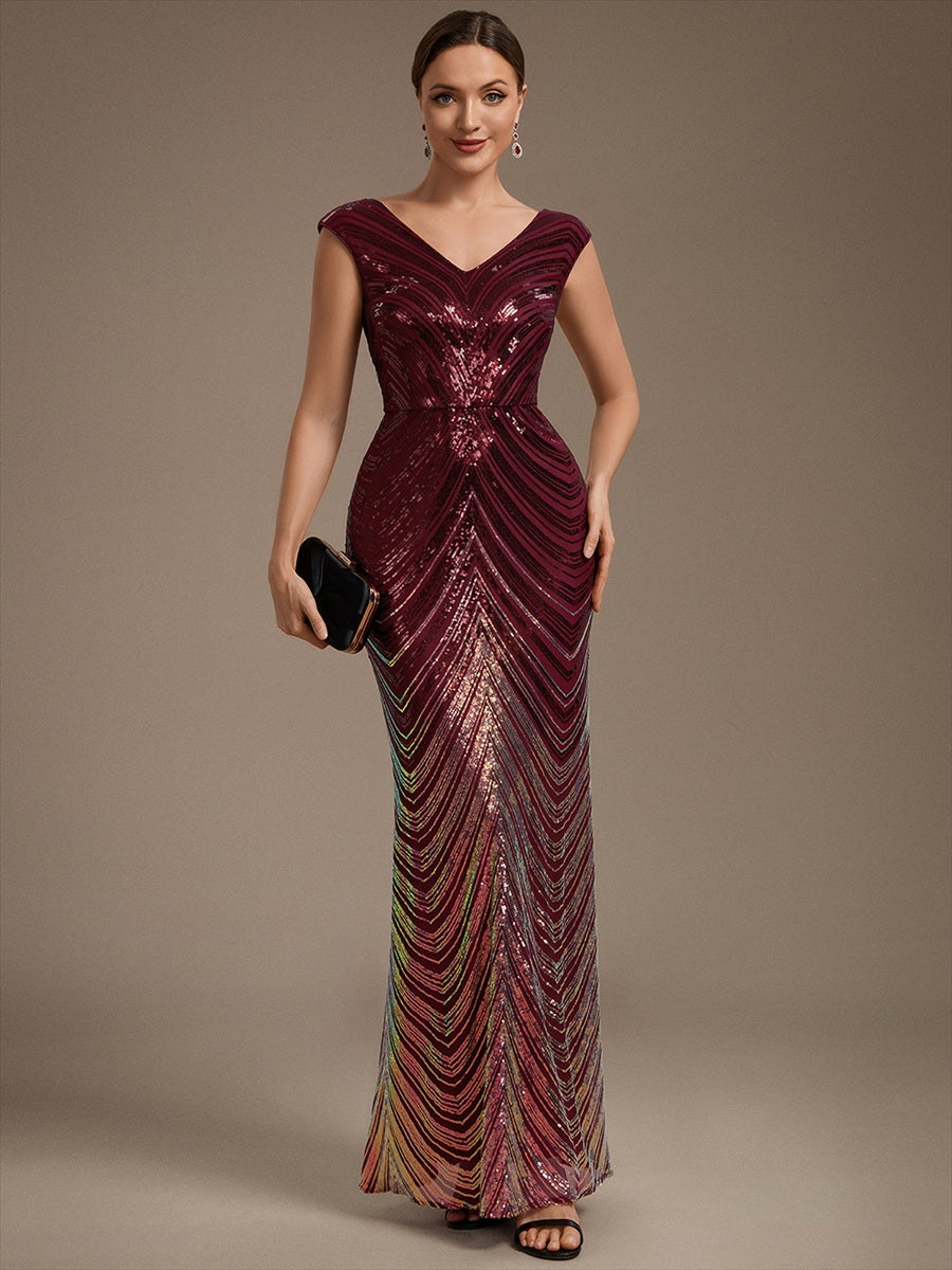 Sequin Mermaid Cap Sleeve Evening Dress #color_Burgundy