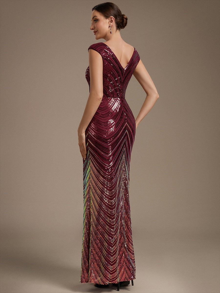 Sequin Mermaid Cap Sleeve Evening Dress #color_Burgundy