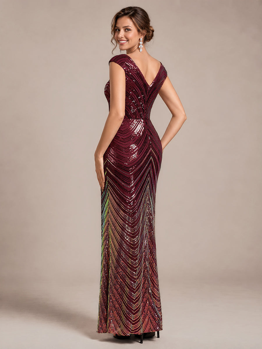 Sequin Mermaid Cap Sleeve Evening Dress #color_Burgundy