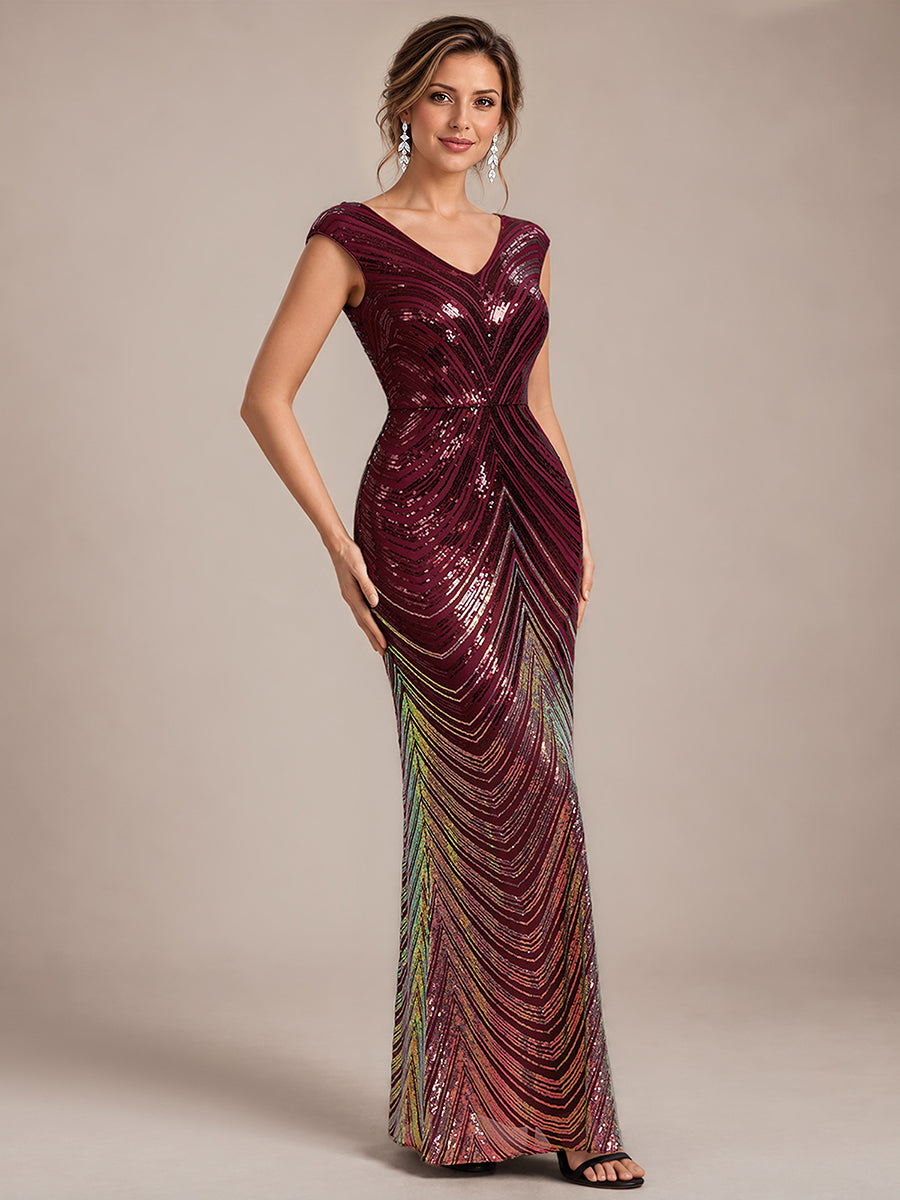 Sequin Mermaid Cap Sleeve Evening Dress #color_Burgundy