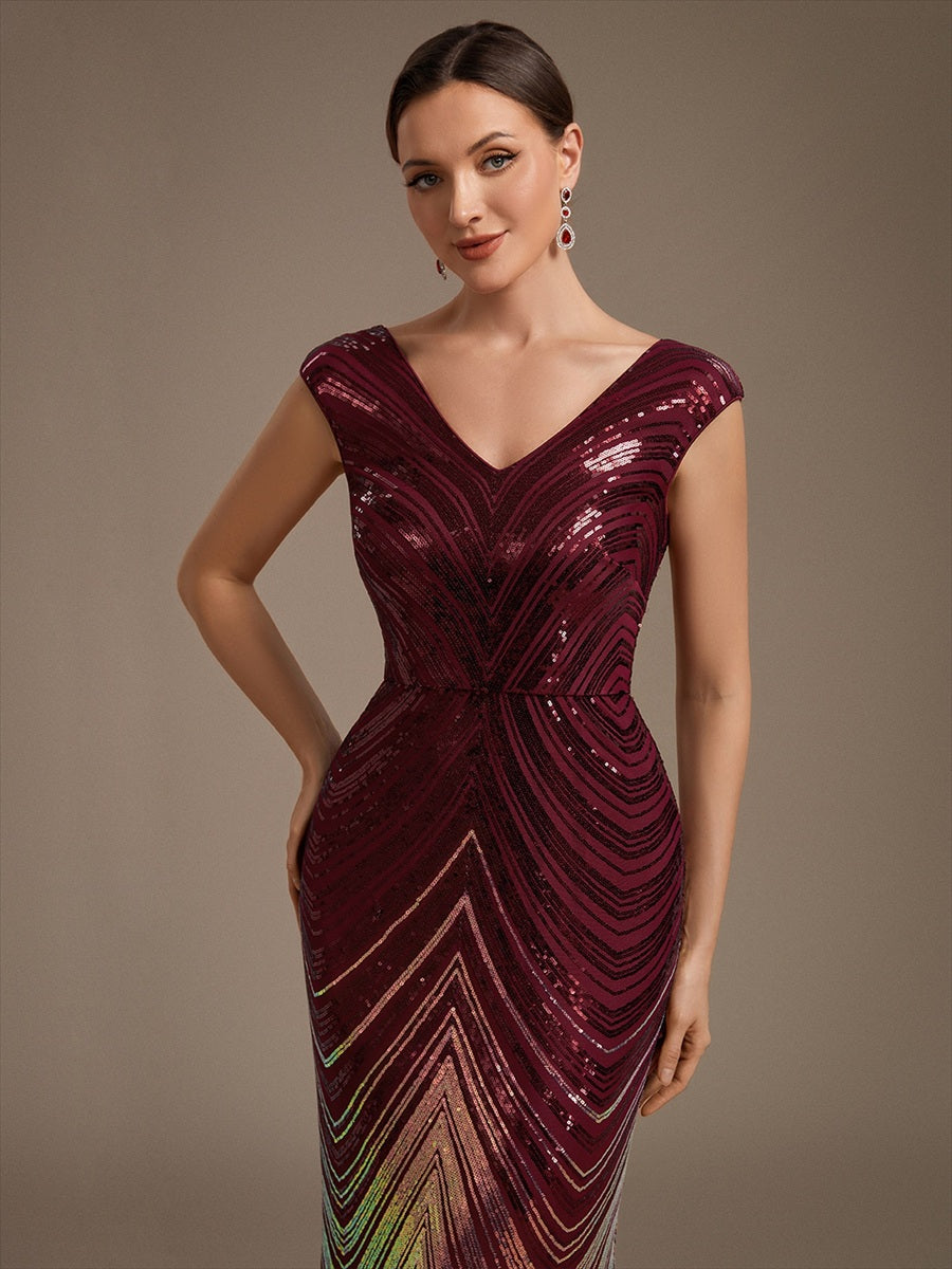 Sequin Mermaid Cap Sleeve Evening Dress #color_Burgundy