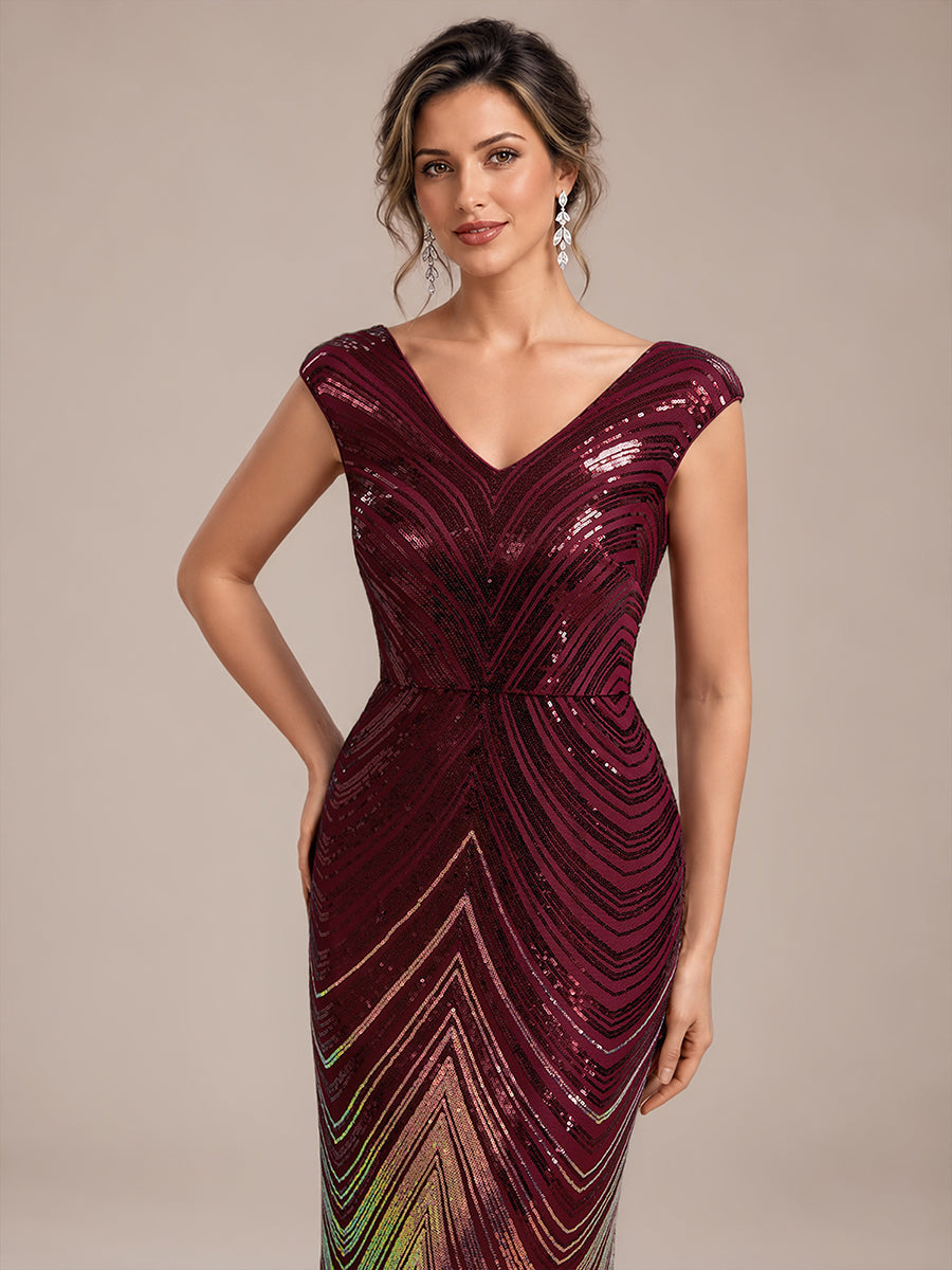 Sequin Mermaid Cap Sleeve Evening Dress #color_Burgundy
