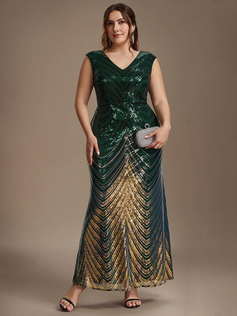 Sequin Mermaid Cap Sleeve Evening Dress #color_Dark Green