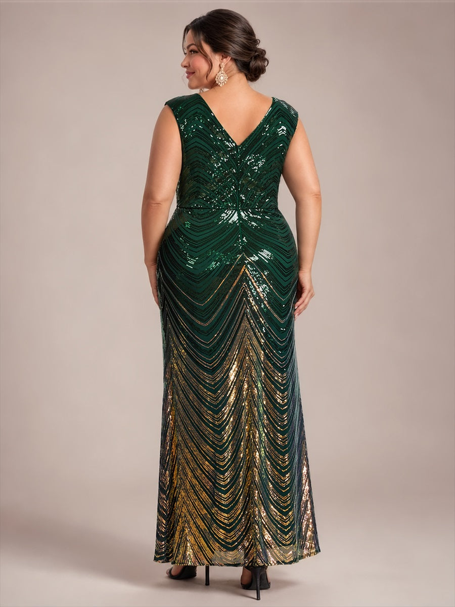 Plus Size Sequin Mermaid Cap Sleeve Evening Dress #color_Dark Green