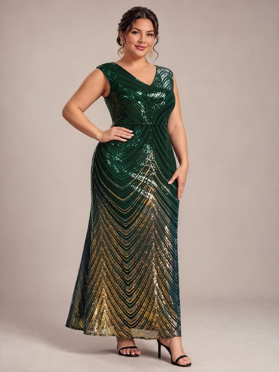 Plus Size Sequin Mermaid Cap Sleeve Evening Dress #color_Dark Green