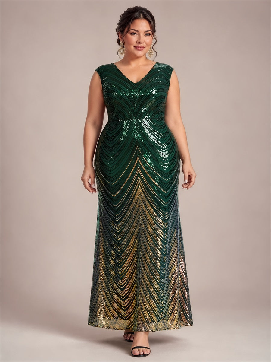 Sequin Mermaid Cap Sleeve Evening Dress #color_Dark Green