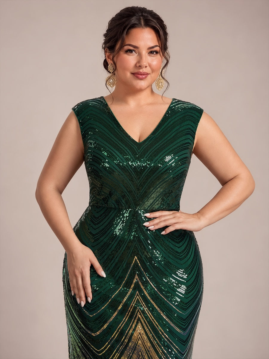 Plus Size Sequin Mermaid Cap Sleeve Evening Dress #color_Dark Green