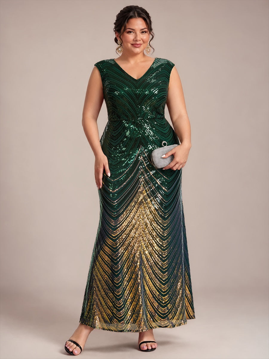 Plus Size Sequin Mermaid Cap Sleeve Evening Dress #color_Dark Green