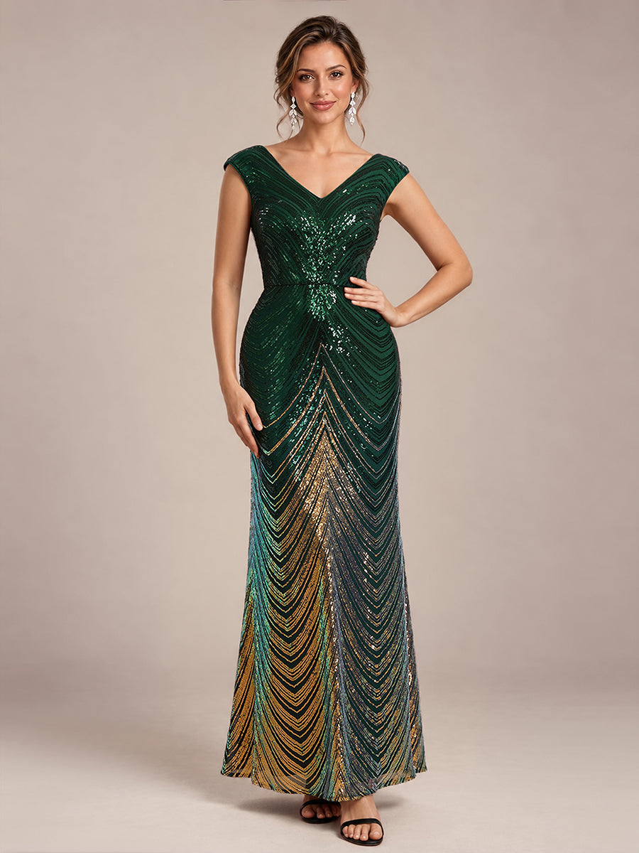 Sequin Mermaid Cap Sleeve Evening Dress #color_Dark Green