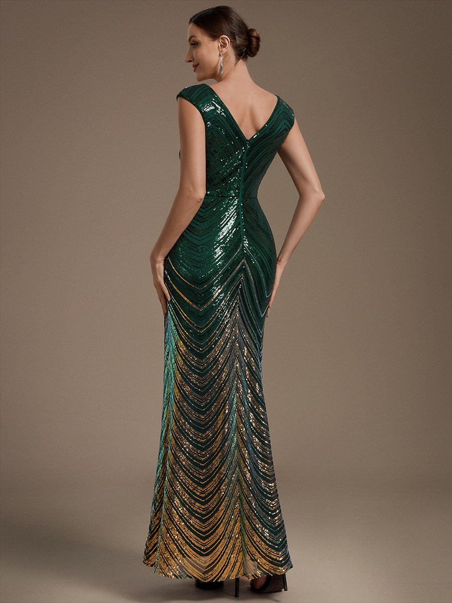 Sequin Mermaid Cap Sleeve Evening Dress #color_Dark Green