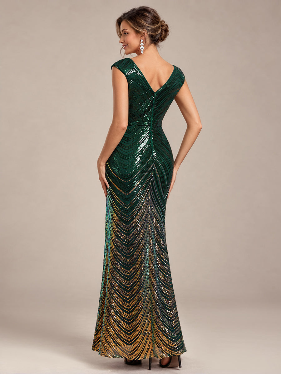 Sequin Mermaid Cap Sleeve Evening Dress #color_Dark Green