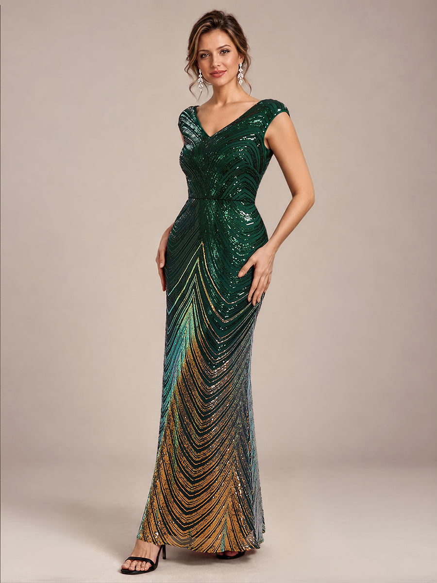 Sequin Mermaid Cap Sleeve Evening Dress #color_Dark Green