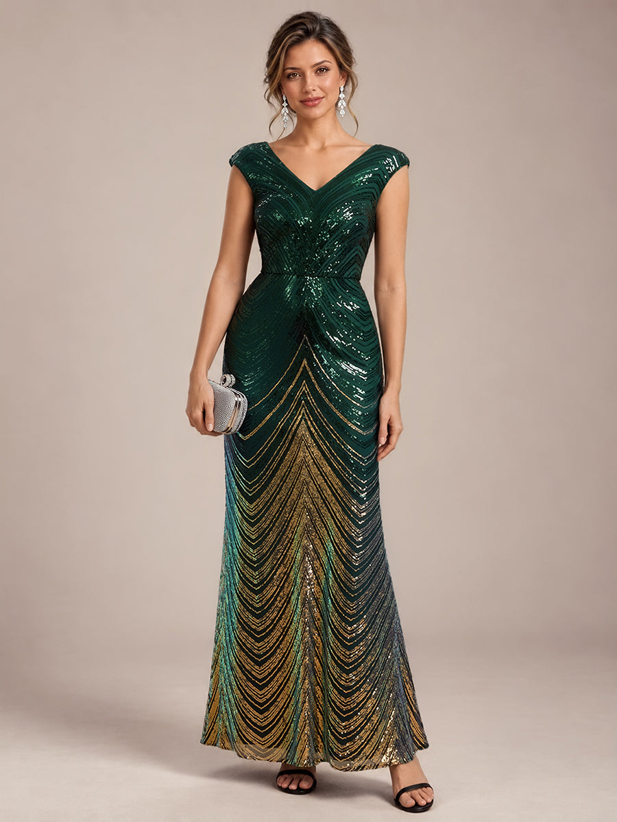 Sequin Mermaid Cap Sleeve Evening Dress #color_Dark Green