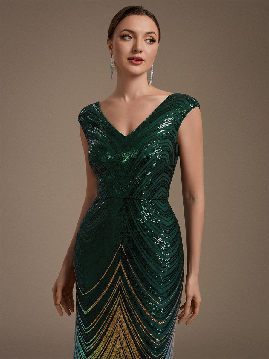 Sequin Mermaid Cap Sleeve Evening Dress #color_Dark Green