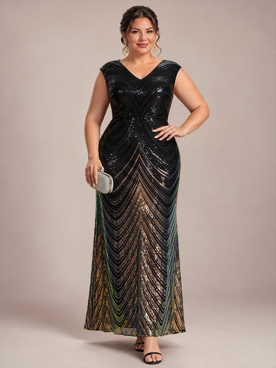 Sequin Mermaid Cap Sleeve Evening Dress #color_Midnight Black&Gold