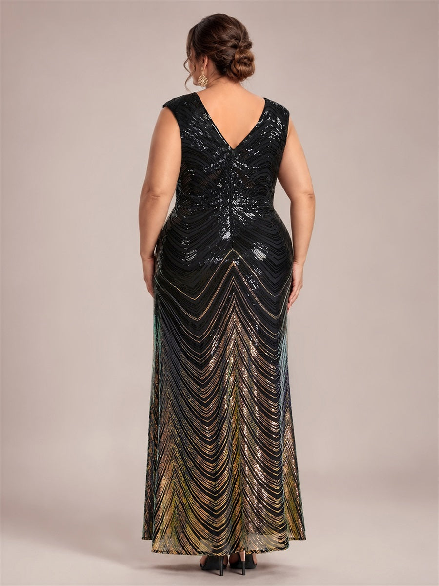 Plus Size Sequin Mermaid Cap Sleeve Evening Dress #color_Midnight Black&Gold