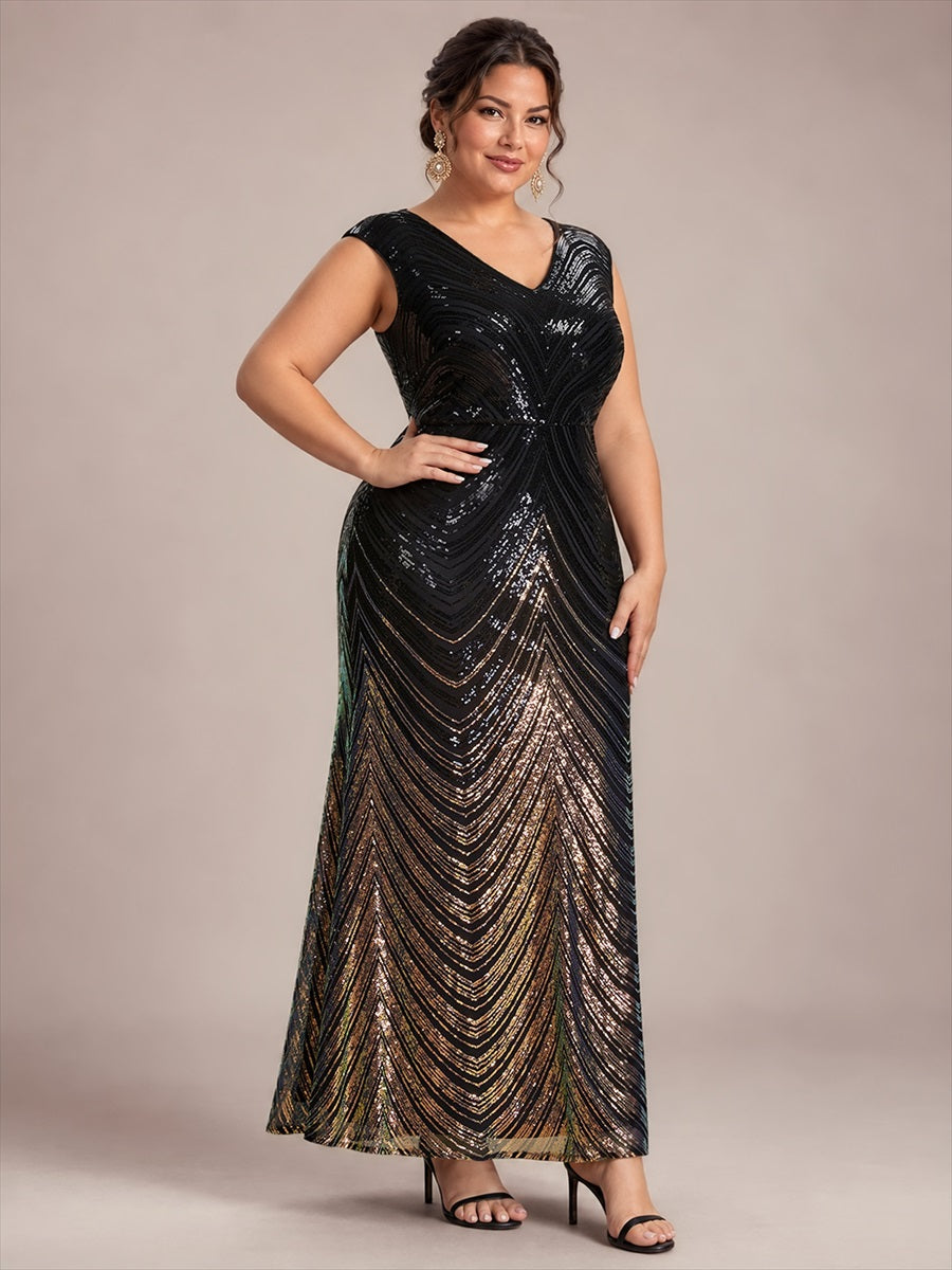 Plus Size Sequin Mermaid Cap Sleeve Evening Dress #color_Midnight Black&Gold