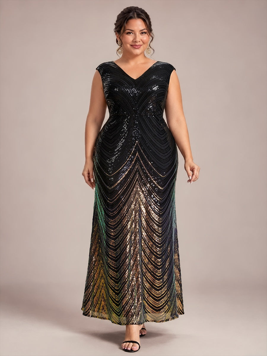 Plus Size Sequin Mermaid Cap Sleeve Evening Dress #color_Midnight Black&Gold