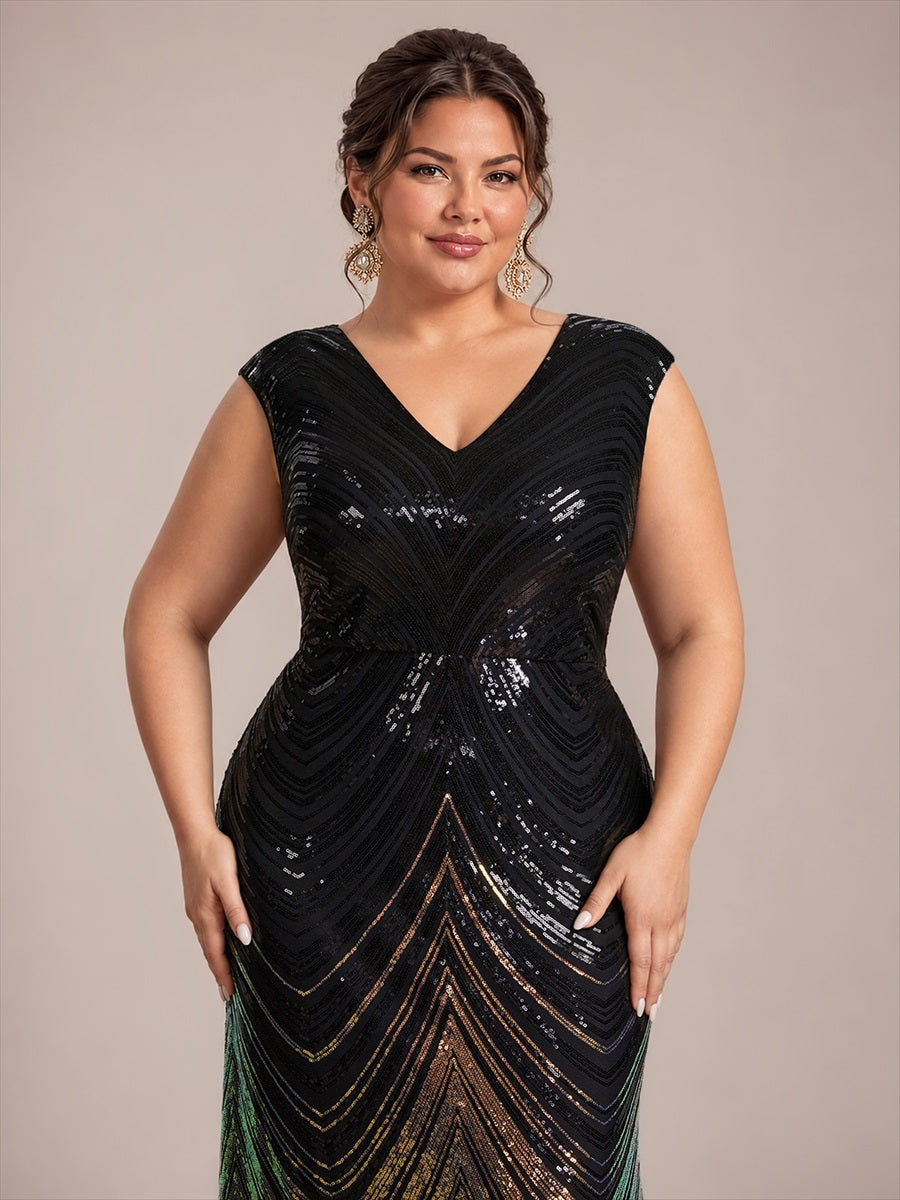 Plus Size Sequin Mermaid Cap Sleeve Evening Dress #color_Midnight Black&Gold