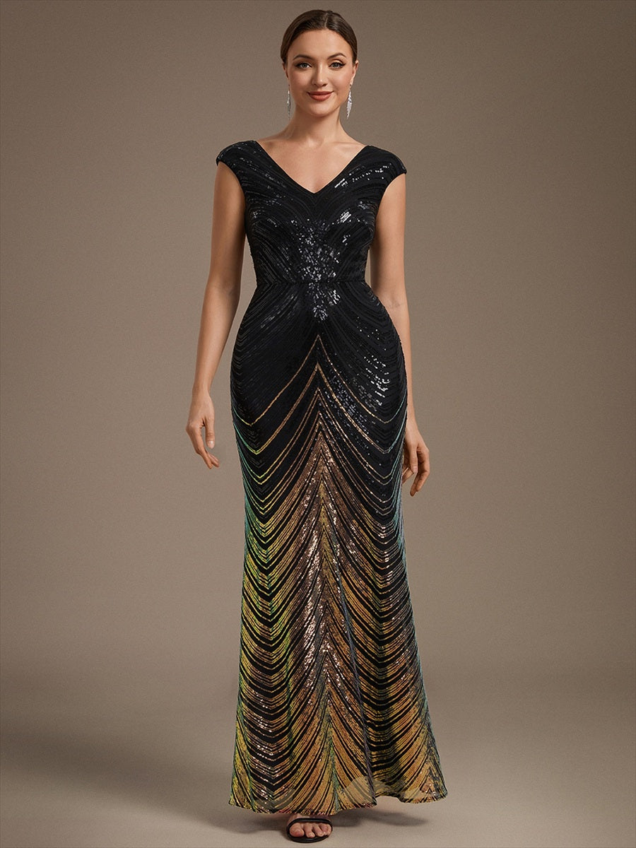 Sequin Mermaid Cap Sleeve Evening Dress #color_Black & Gold