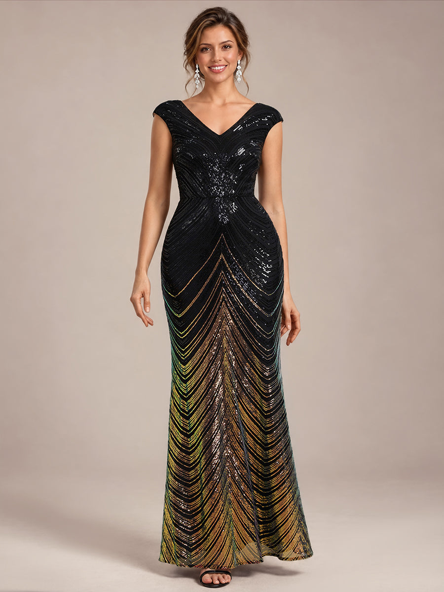Sequin Mermaid Cap Sleeve Evening Dress #color_Midnight Black&Gold