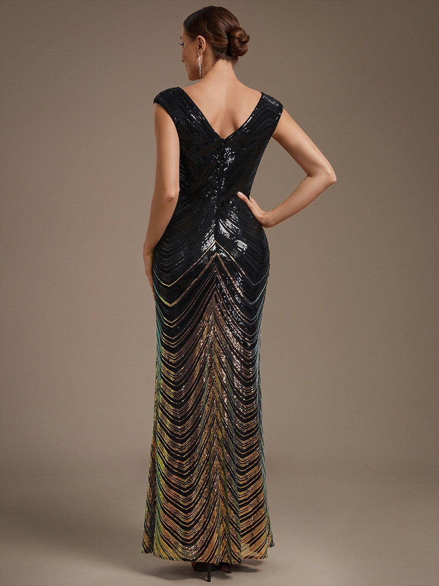 Sequin Mermaid Cap Sleeve Evening Dress #color_Black & Gold